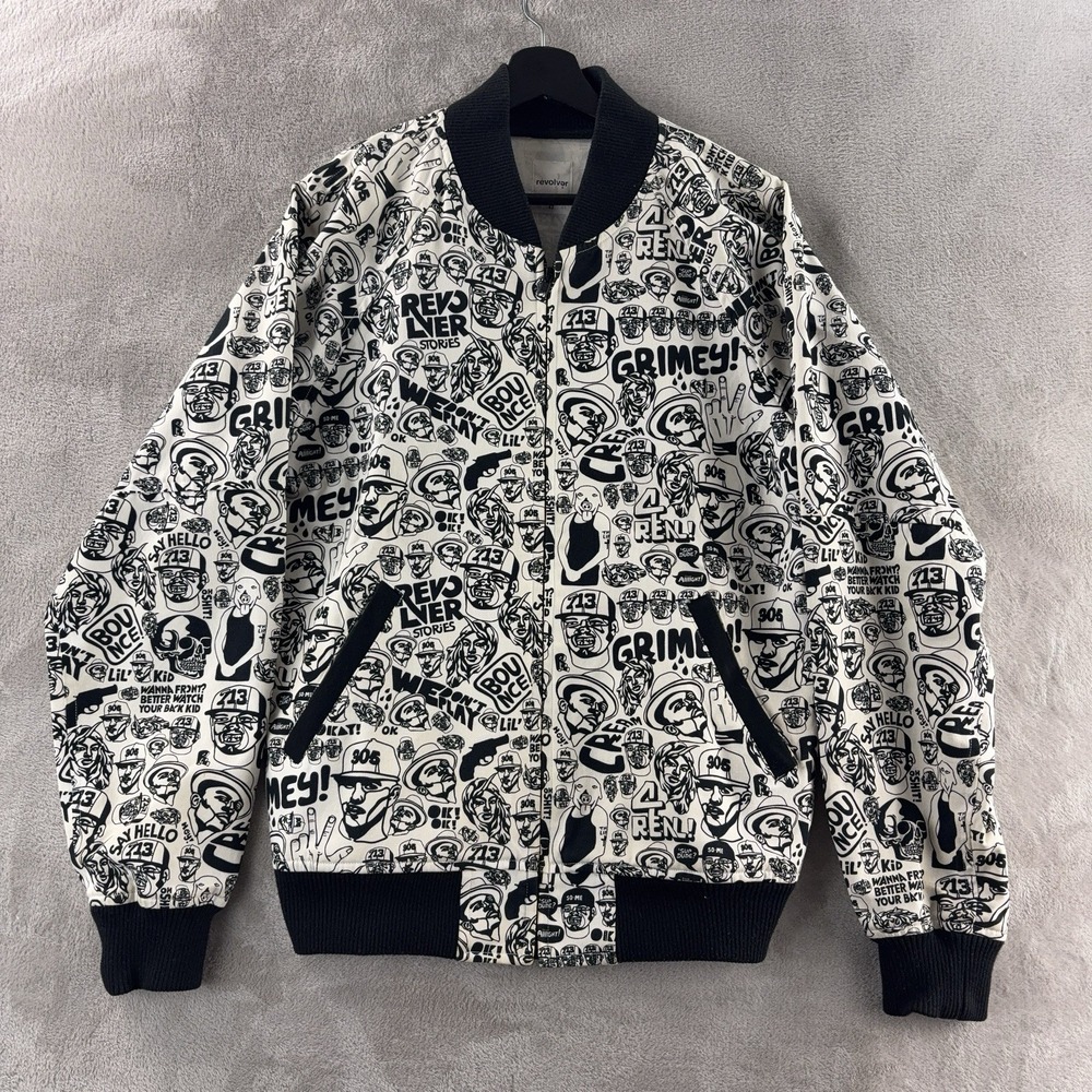 Revolver Graffiti Print Jacket Mens Size 42 White‎ Black Hip Hop Streetwear